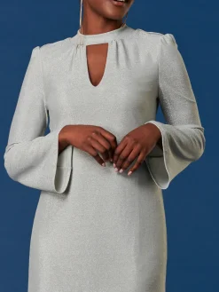 Jolie Moi Occasion Dresses|Long Sleeved Dresses-Metallic Keyhole Detail Tunic Dress, Silver