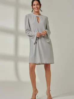 Jolie Moi Occasion Dresses|Long Sleeved Dresses-Metallic Keyhole Detail Tunic Dress, Silver