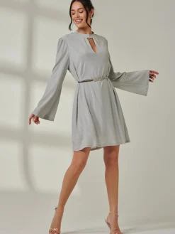 Jolie Moi Occasion Dresses|Long Sleeved Dresses-Metallic Keyhole Detail Tunic Dress, Silver