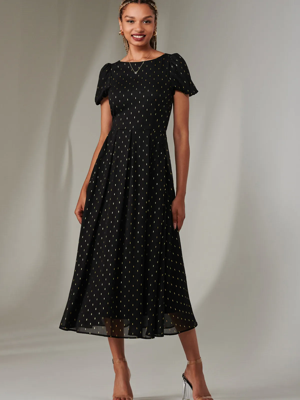 Jolie Moi Occasion Dresses|Party Dresses-Metallic Spot Chiffon Midimix Dress, Black