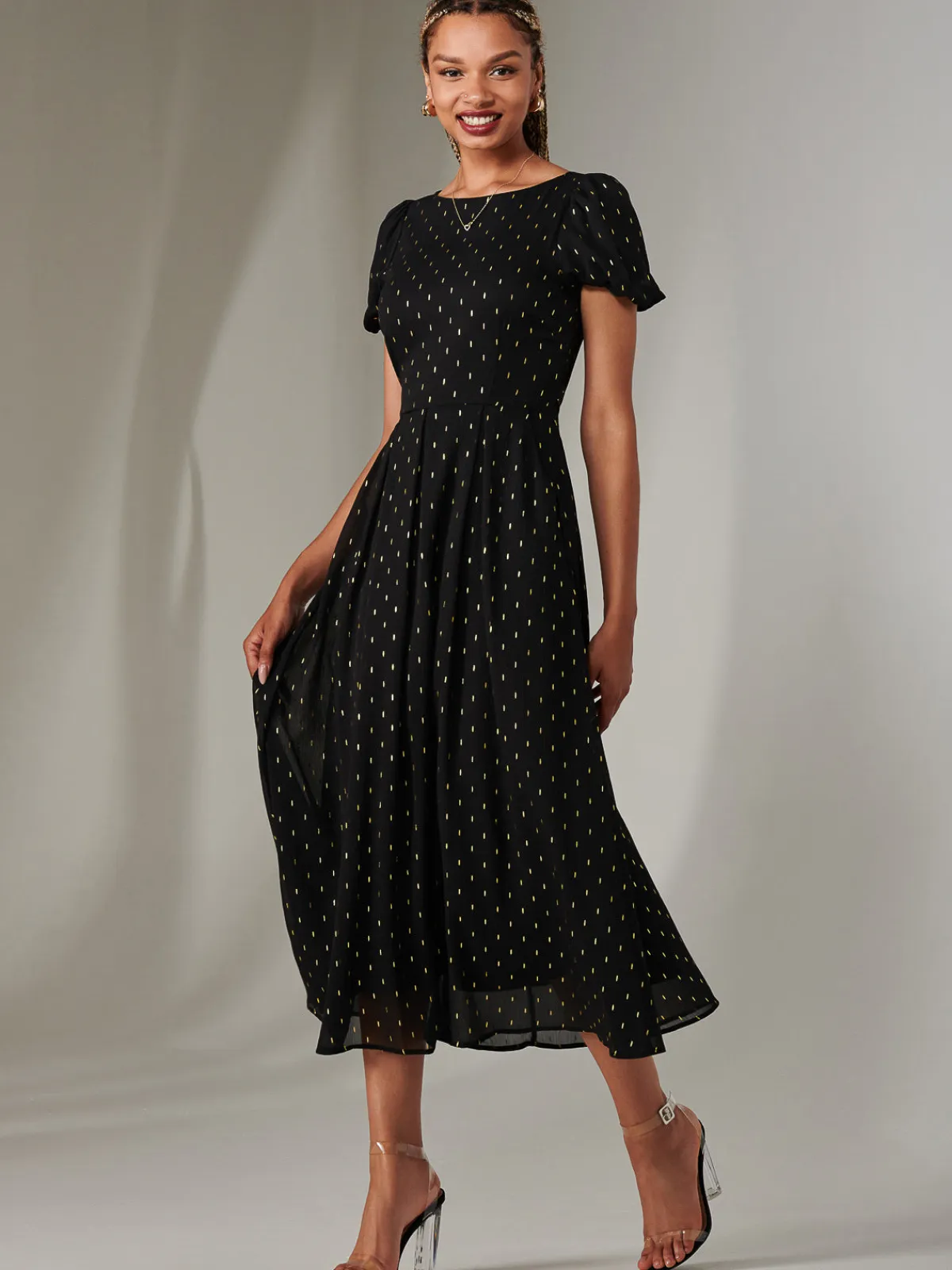 Jolie Moi Occasion Dresses|Party Dresses-Metallic Spot Chiffon Midimix Dress, Black