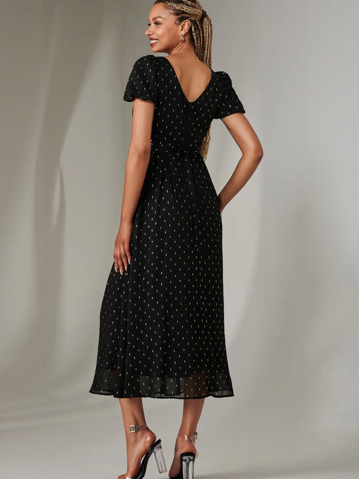Jolie Moi Occasion Dresses|Party Dresses-Metallic Spot Chiffon Midimix Dress, Black