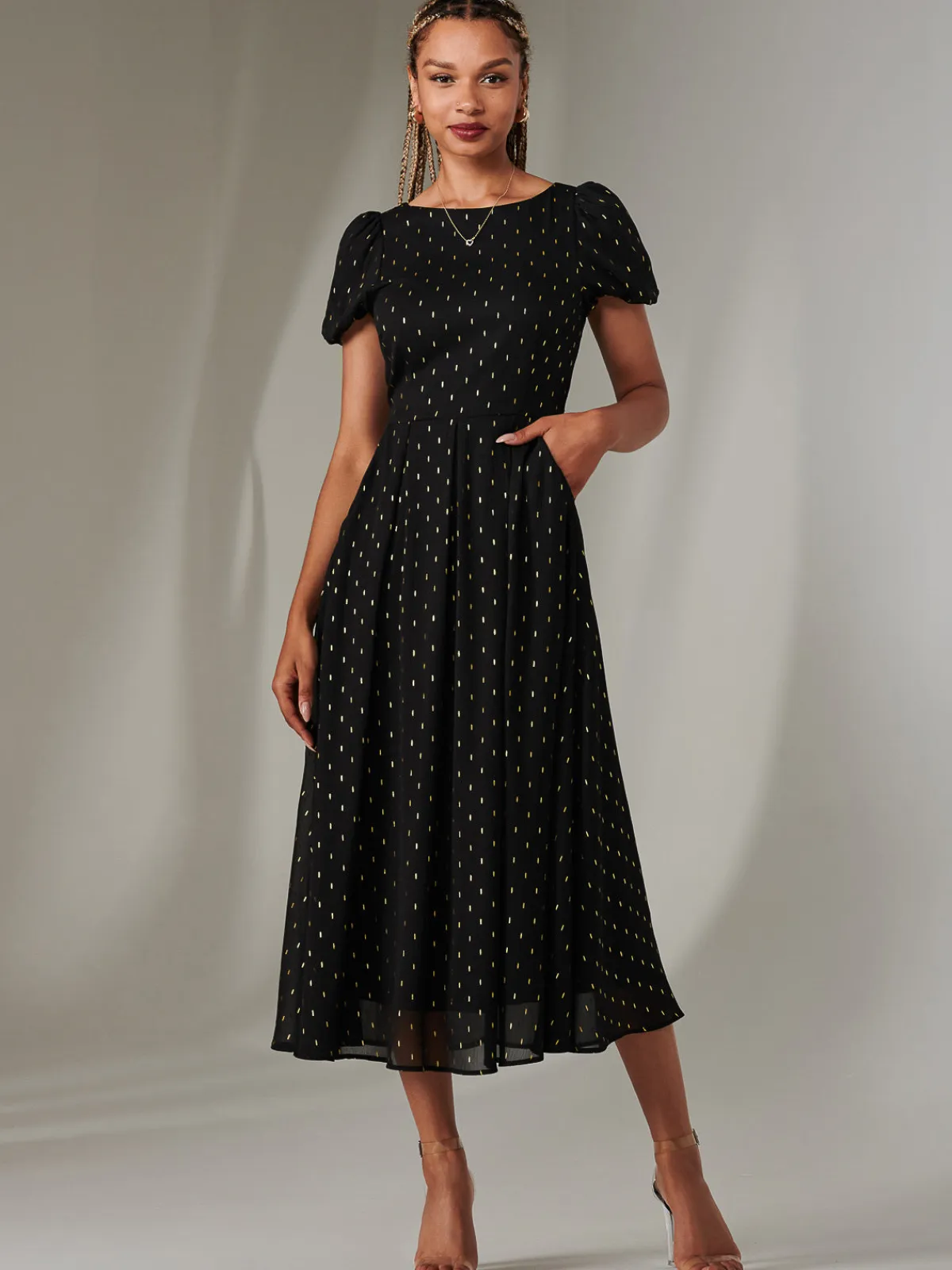 Jolie Moi Occasion Dresses|Party Dresses-Metallic Spot Chiffon Midimix Dress, Black