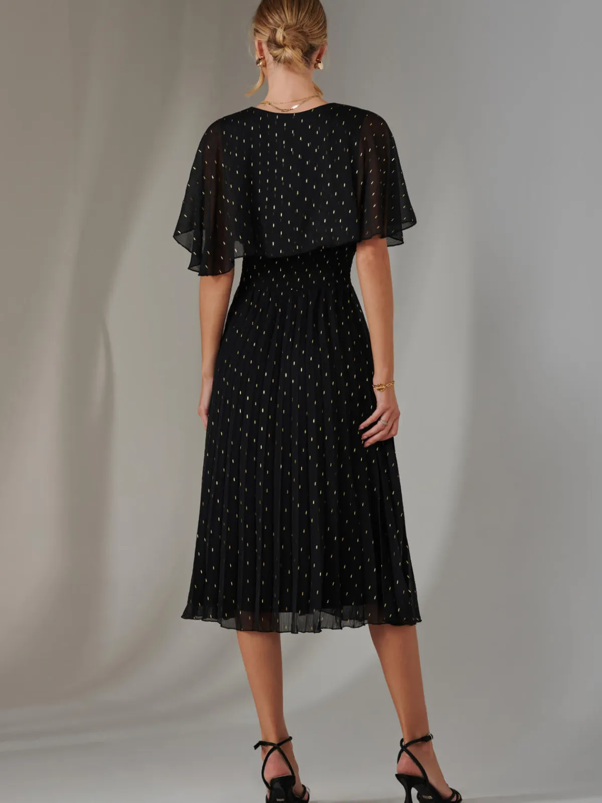 Jolie Moi Occasion Dresses|Wrap Dresses-Metallic Spot Chiffon Pleated Dress, Black