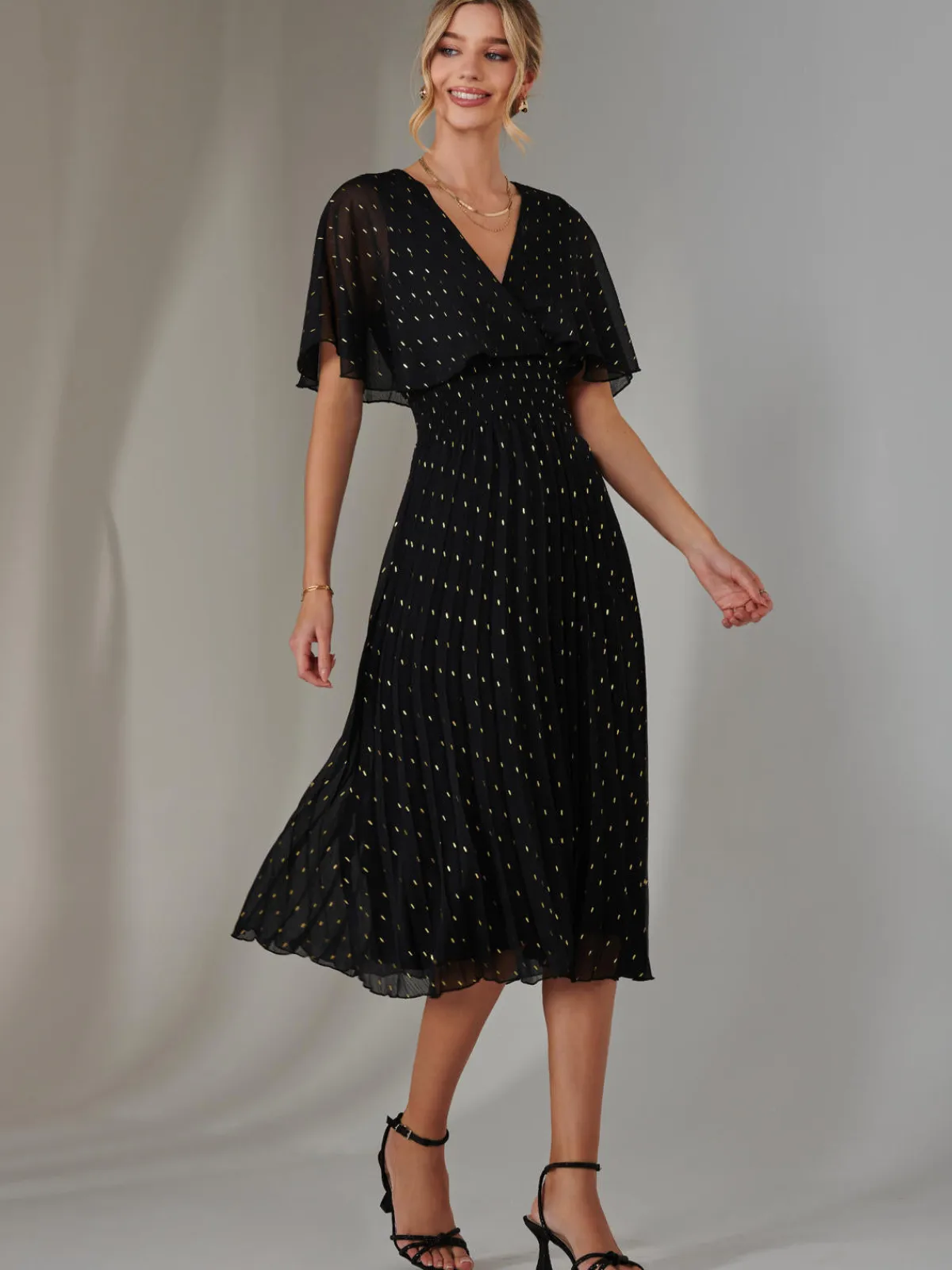 Jolie Moi Occasion Dresses|Wrap Dresses-Metallic Spot Chiffon Pleated Dress, Black