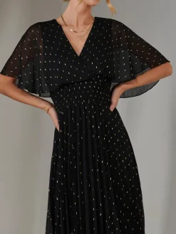 Jolie Moi Occasion Dresses|Wrap Dresses-Metallic Spot Chiffon Pleated Dress, Black