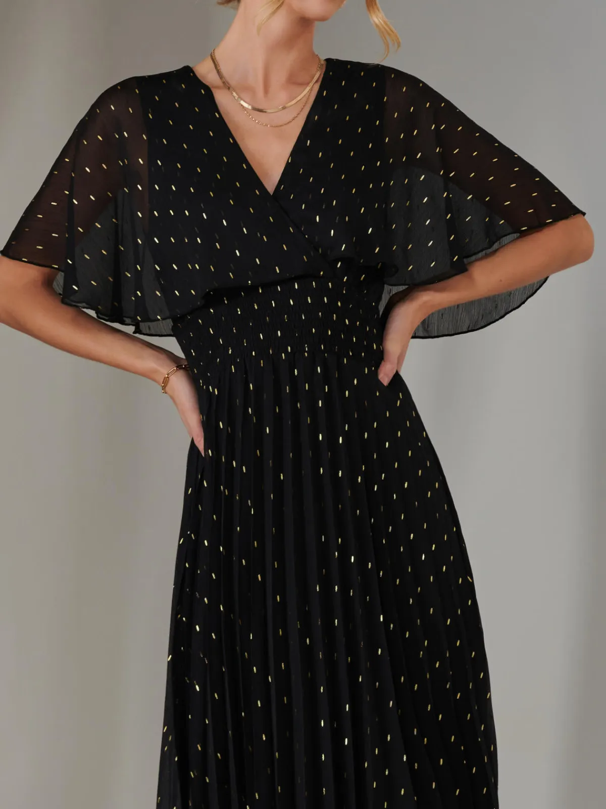 Jolie Moi Occasion Dresses|Wrap Dresses-Metallic Spot Chiffon Pleated Dress, Black