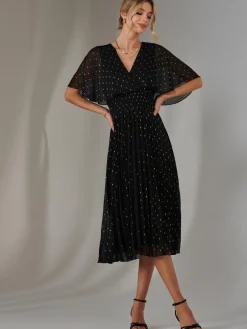 Jolie Moi Occasion Dresses|Wrap Dresses-Metallic Spot Chiffon Pleated Dress, Black