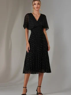Jolie Moi Occasion Dresses|Wrap Dresses-Metallic Spot Chiffon Pleated Dress, Black