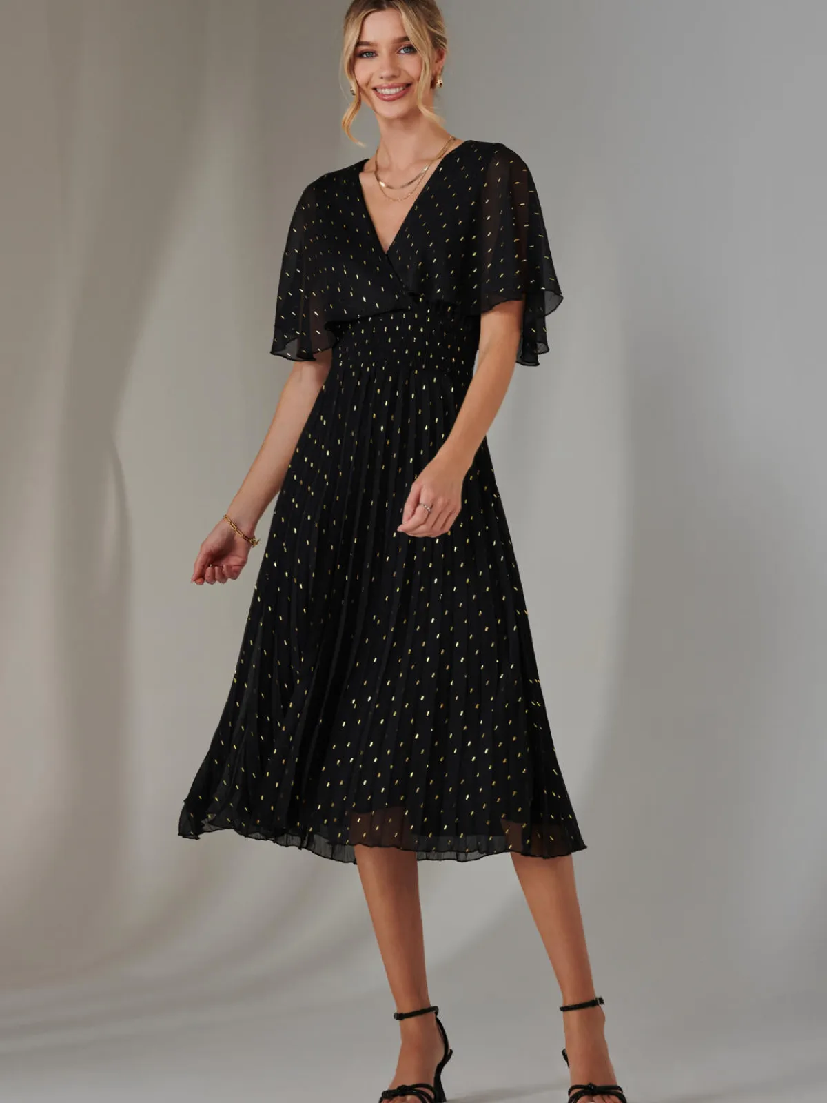 Jolie Moi Occasion Dresses|Wrap Dresses-Metallic Spot Chiffon Pleated Dress, Black