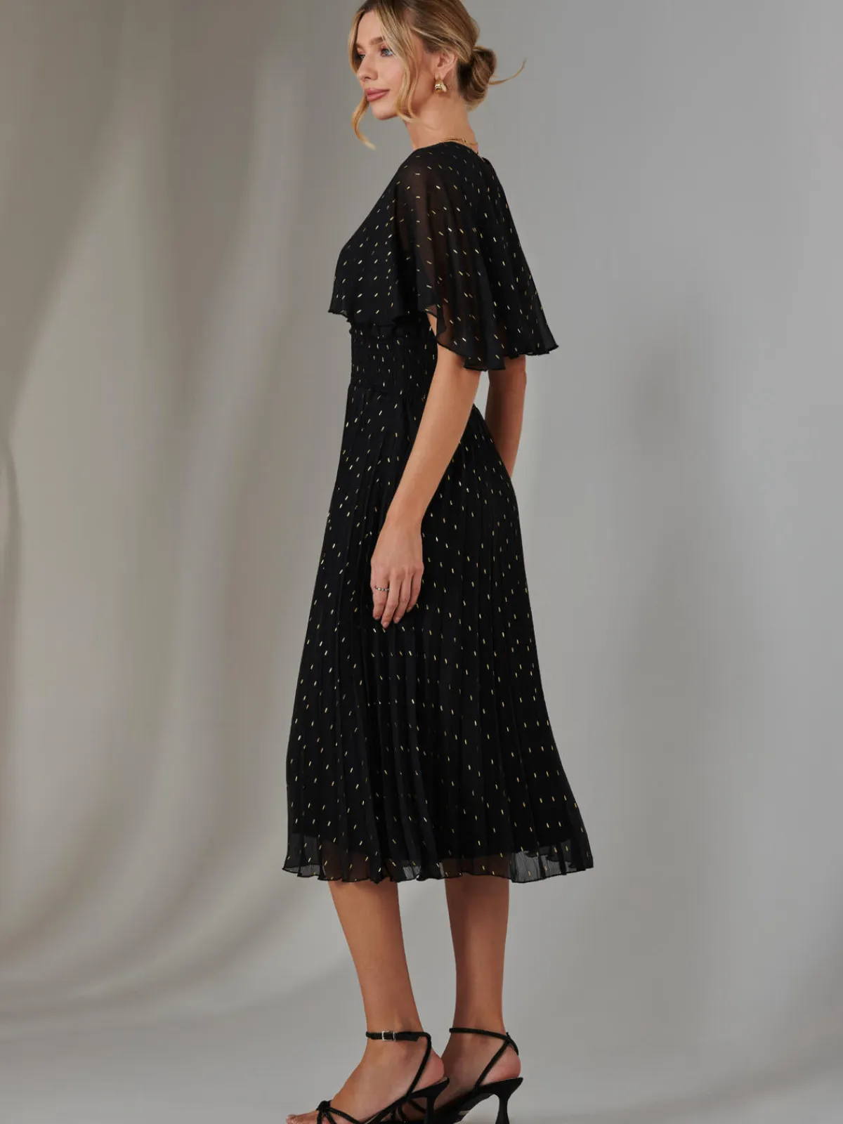 Jolie Moi Occasion Dresses|Wrap Dresses-Metallic Spot Chiffon Pleated Dress, Black