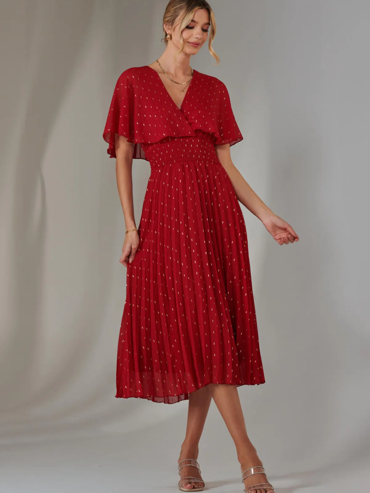 Jolie Moi Occasion Dresses-Metallic Spot Chiffon Pleated Dress, Dark Red