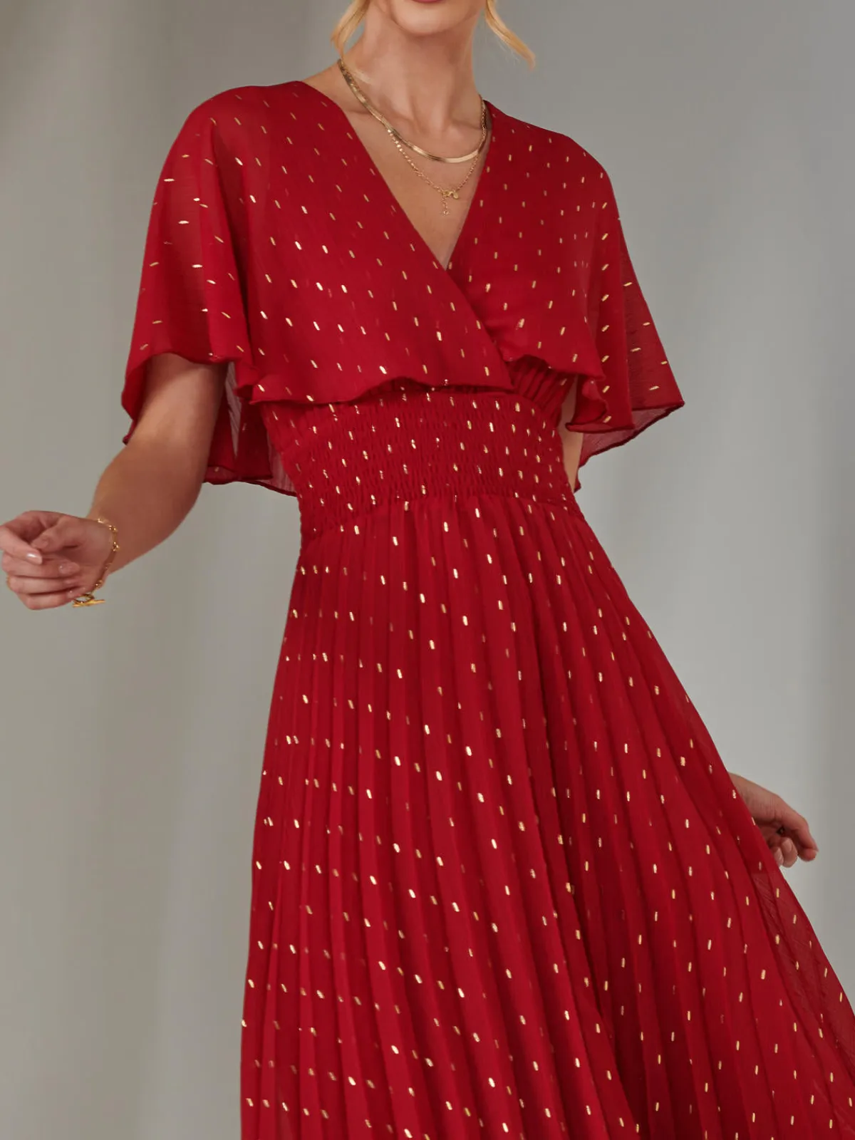 Jolie Moi Occasion Dresses-Metallic Spot Chiffon Pleated Dress, Dark Red