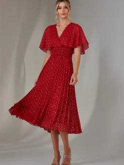 Jolie Moi Occasion Dresses-Metallic Spot Chiffon Pleated Dress, Dark Red