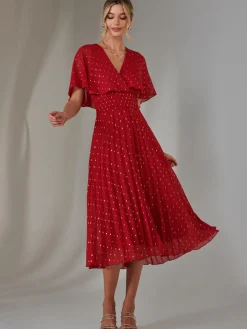 Jolie Moi Occasion Dresses-Metallic Spot Chiffon Pleated Dress, Dark Red