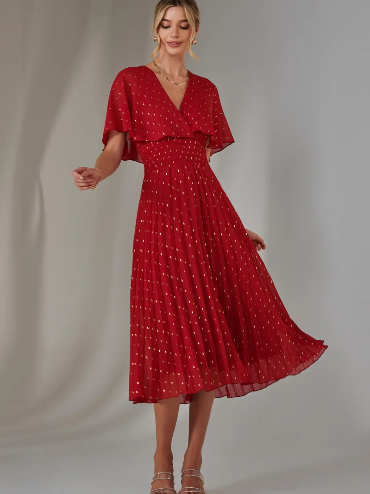 Jolie Moi Occasion Dresses-Metallic Spot Chiffon Pleated Dress, Dark Red