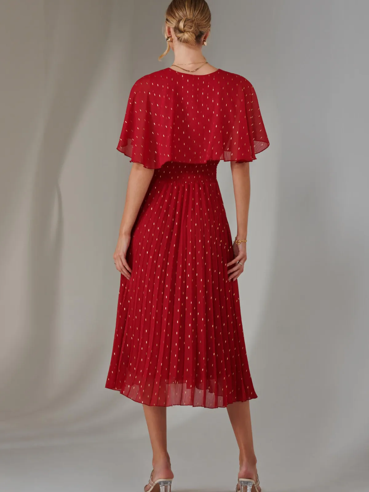 Jolie Moi Occasion Dresses-Metallic Spot Chiffon Pleated Dress, Dark Red