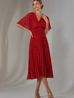 Jolie Moi Occasion Dresses-Metallic Spot Chiffon Pleated Dress, Dark Red