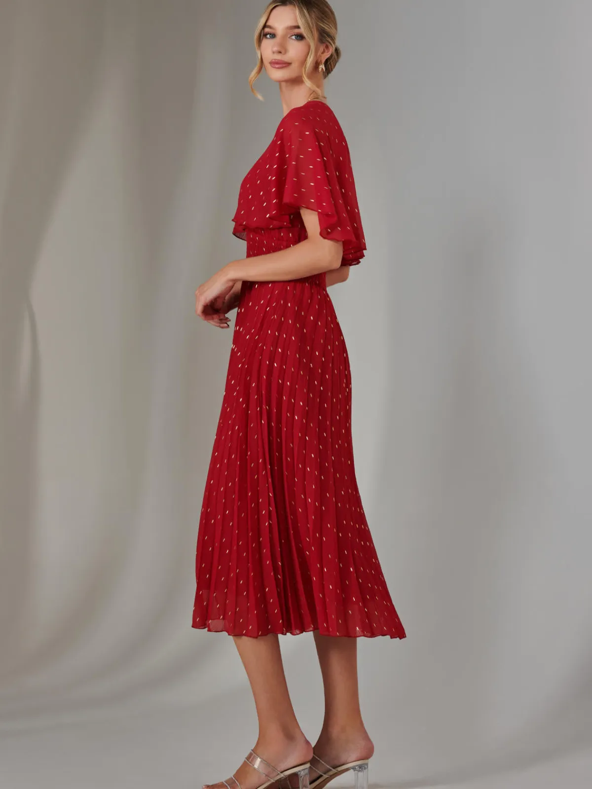 Jolie Moi Occasion Dresses-Metallic Spot Chiffon Pleated Dress, Dark Red