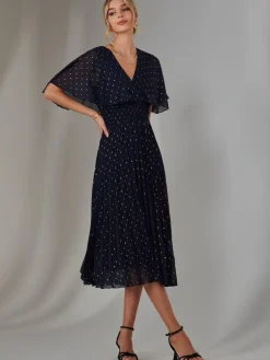Jolie Moi Occasion Dresses-Metallic Spot Chiffon Pleated Dress, Navy