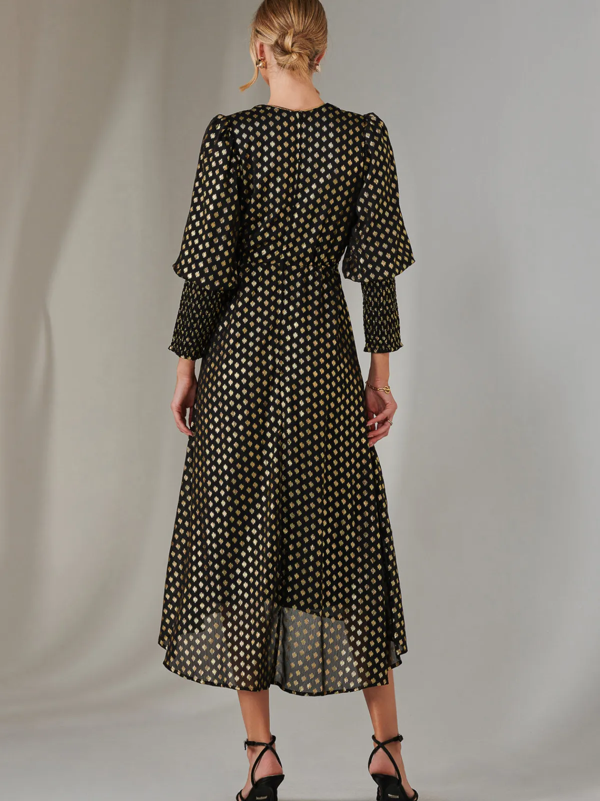 Jolie Moi Occasion Dresses|Printed Dresses-Metallic Spot Print Puffy Sleeve Maxi Dress, Black