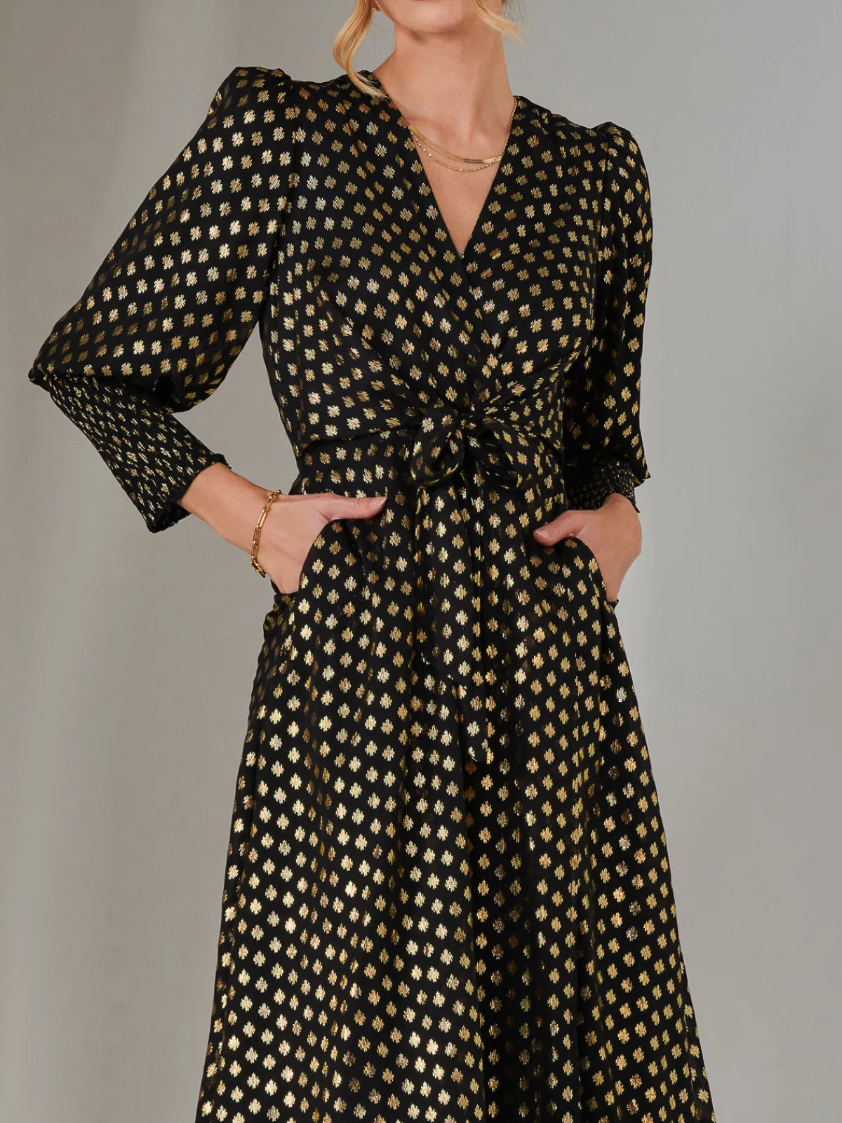 Jolie Moi Occasion Dresses|Printed Dresses-Metallic Spot Print Puffy Sleeve Maxi Dress, Black