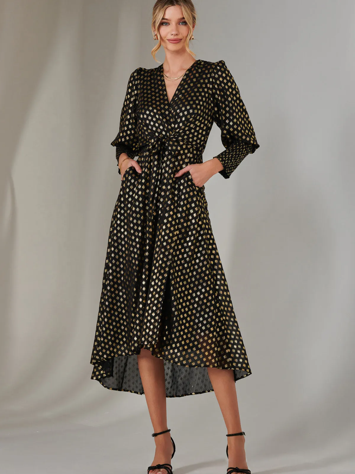 Jolie Moi Occasion Dresses|Printed Dresses-Metallic Spot Print Puffy Sleeve Maxi Dress, Black