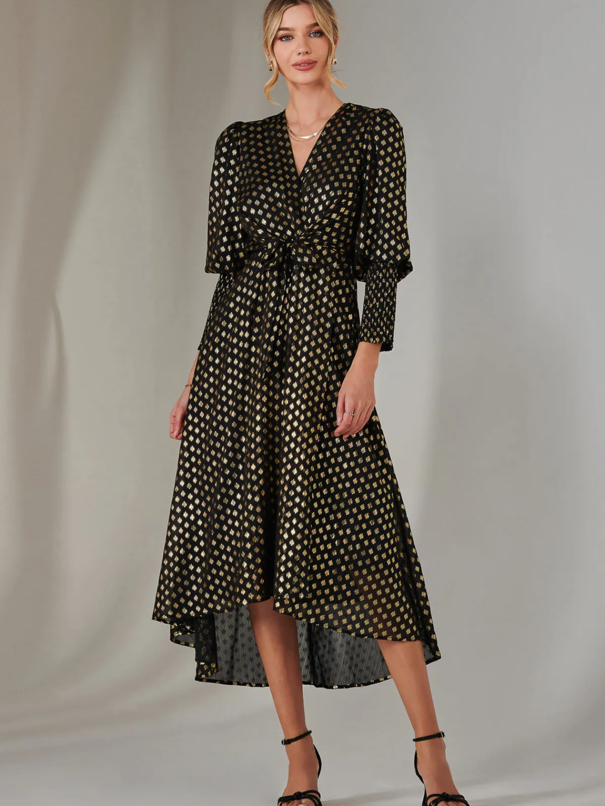 Jolie Moi Occasion Dresses|Printed Dresses-Metallic Spot Print Puffy Sleeve Maxi Dress, Black