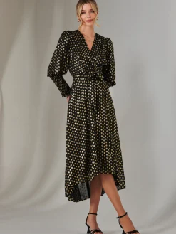 Jolie Moi Occasion Dresses|Printed Dresses-Metallic Spot Print Puffy Sleeve Maxi Dress, Black