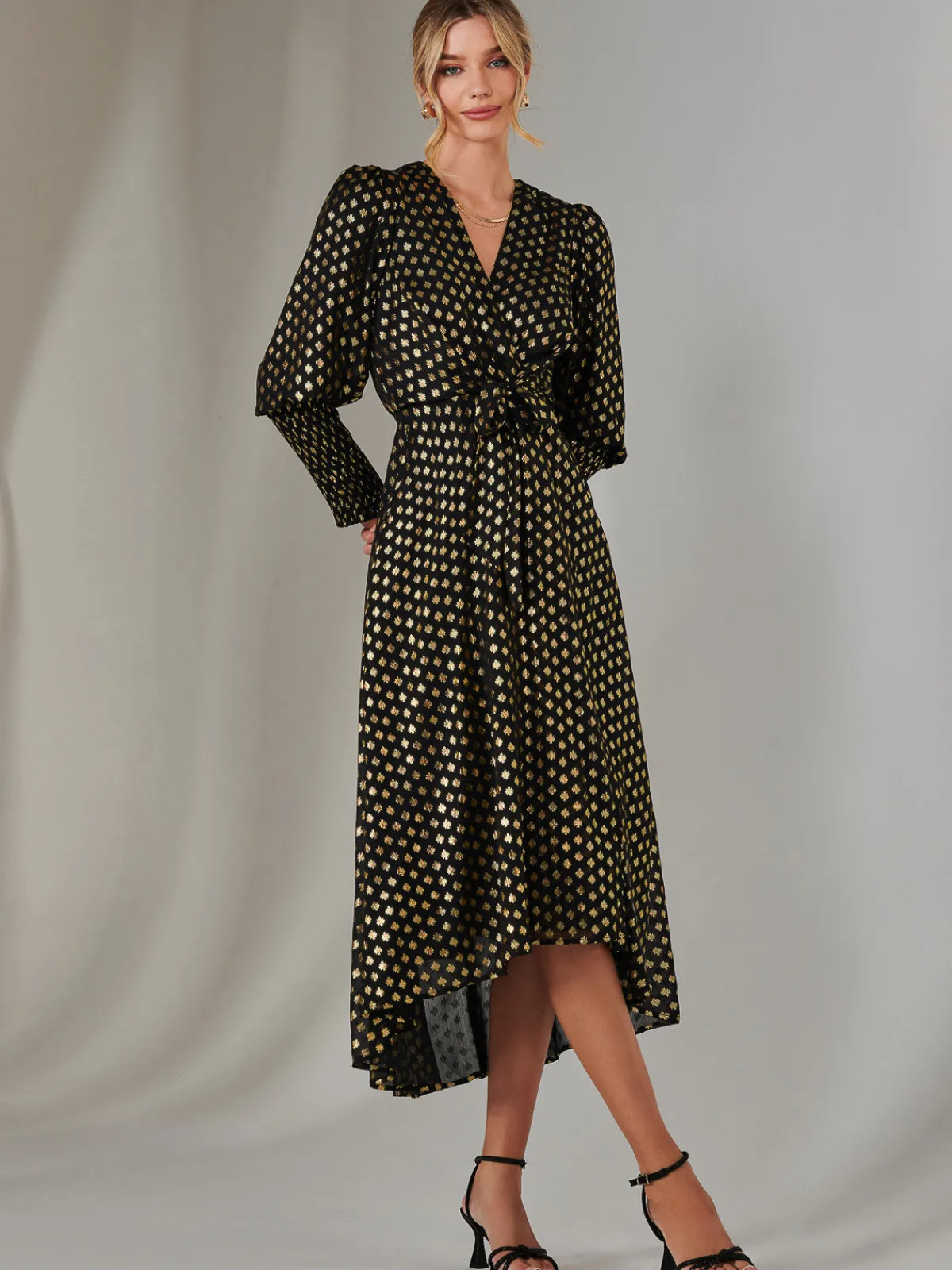 Jolie Moi Occasion Dresses|Printed Dresses-Metallic Spot Print Puffy Sleeve Maxi Dress, Black