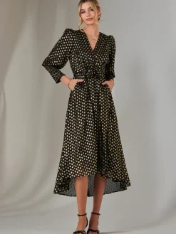 Jolie Moi Occasion Dresses|Printed Dresses-Metallic Spot Print Puffy Sleeve Maxi Dress, Black