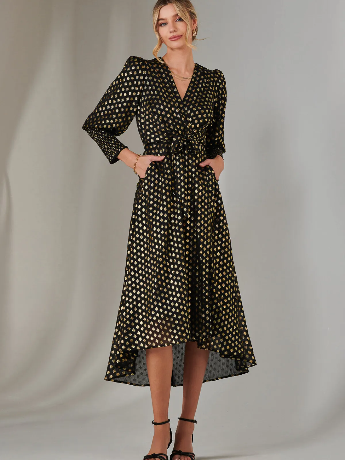 Jolie Moi Occasion Dresses|Printed Dresses-Metallic Spot Print Puffy Sleeve Maxi Dress, Black