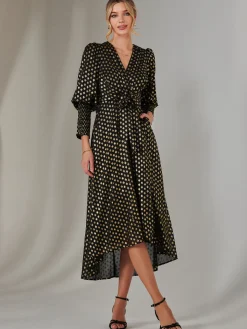 Jolie Moi Occasion Dresses|Printed Dresses-Metallic Spot Print Puffy Sleeve Maxi Dress, Black