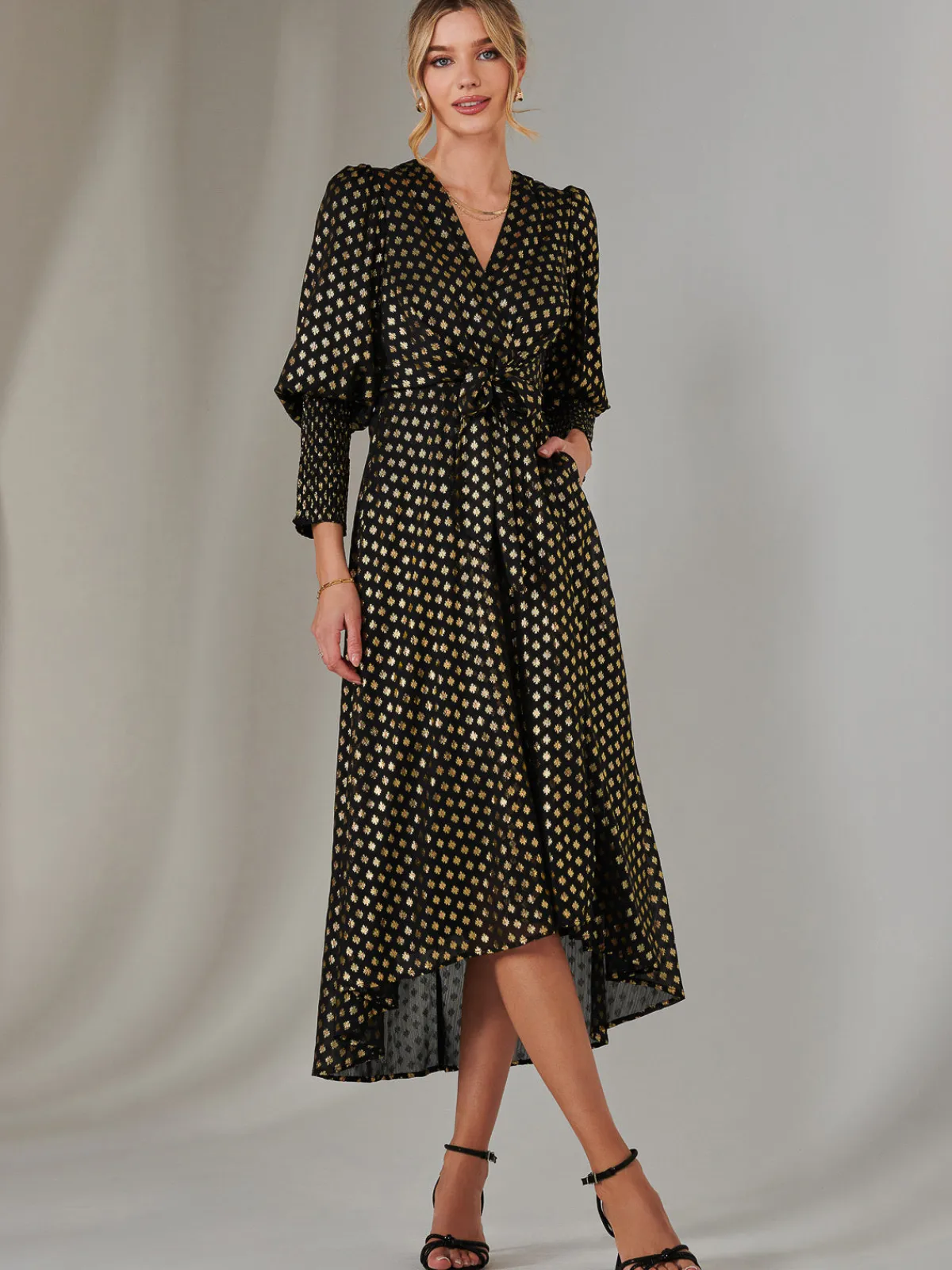 Jolie Moi Occasion Dresses|Printed Dresses-Metallic Spot Print Puffy Sleeve Maxi Dress, Black