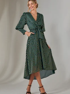 Jolie Moi Occasion Dresses|Printed Dresses-Metallic Spot Print Puffy Sleeve Maxi Dress, Dark Green
