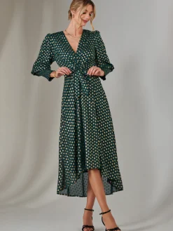 Jolie Moi Occasion Dresses|Printed Dresses-Metallic Spot Print Puffy Sleeve Maxi Dress, Dark Green
