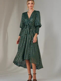 Jolie Moi Occasion Dresses|Printed Dresses-Metallic Spot Print Puffy Sleeve Maxi Dress, Dark Green