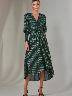 Jolie Moi Occasion Dresses|Printed Dresses-Metallic Spot Print Puffy Sleeve Maxi Dress, Dark Green