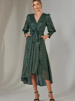 Jolie Moi Occasion Dresses|Printed Dresses-Metallic Spot Print Puffy Sleeve Maxi Dress, Dark Green