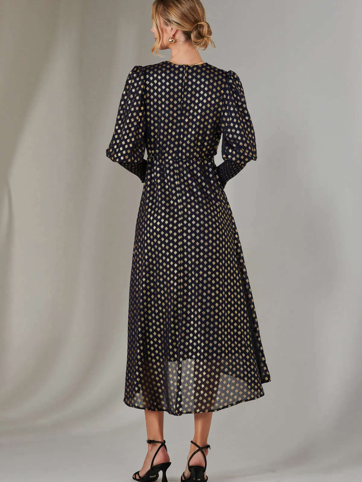 Jolie Moi Occasion Dresses|Wrap Dresses-Metallic Spot Print Puffy Sleeve Maxi Dress, Navy