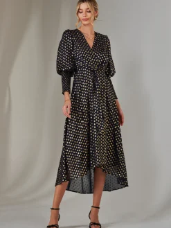 Jolie Moi Occasion Dresses|Wrap Dresses-Metallic Spot Print Puffy Sleeve Maxi Dress, Navy