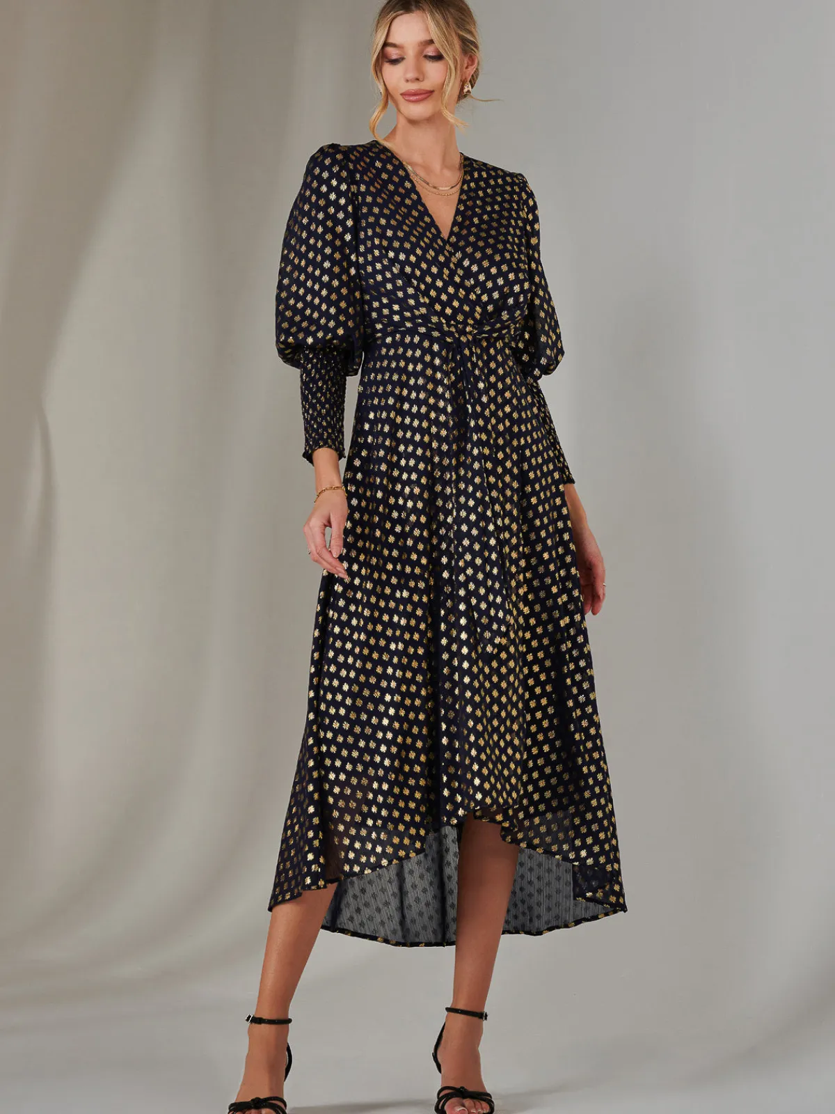 Jolie Moi Occasion Dresses|Wrap Dresses-Metallic Spot Print Puffy Sleeve Maxi Dress, Navy