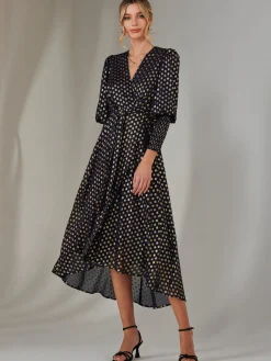 Jolie Moi Occasion Dresses|Wrap Dresses-Metallic Spot Print Puffy Sleeve Maxi Dress, Navy