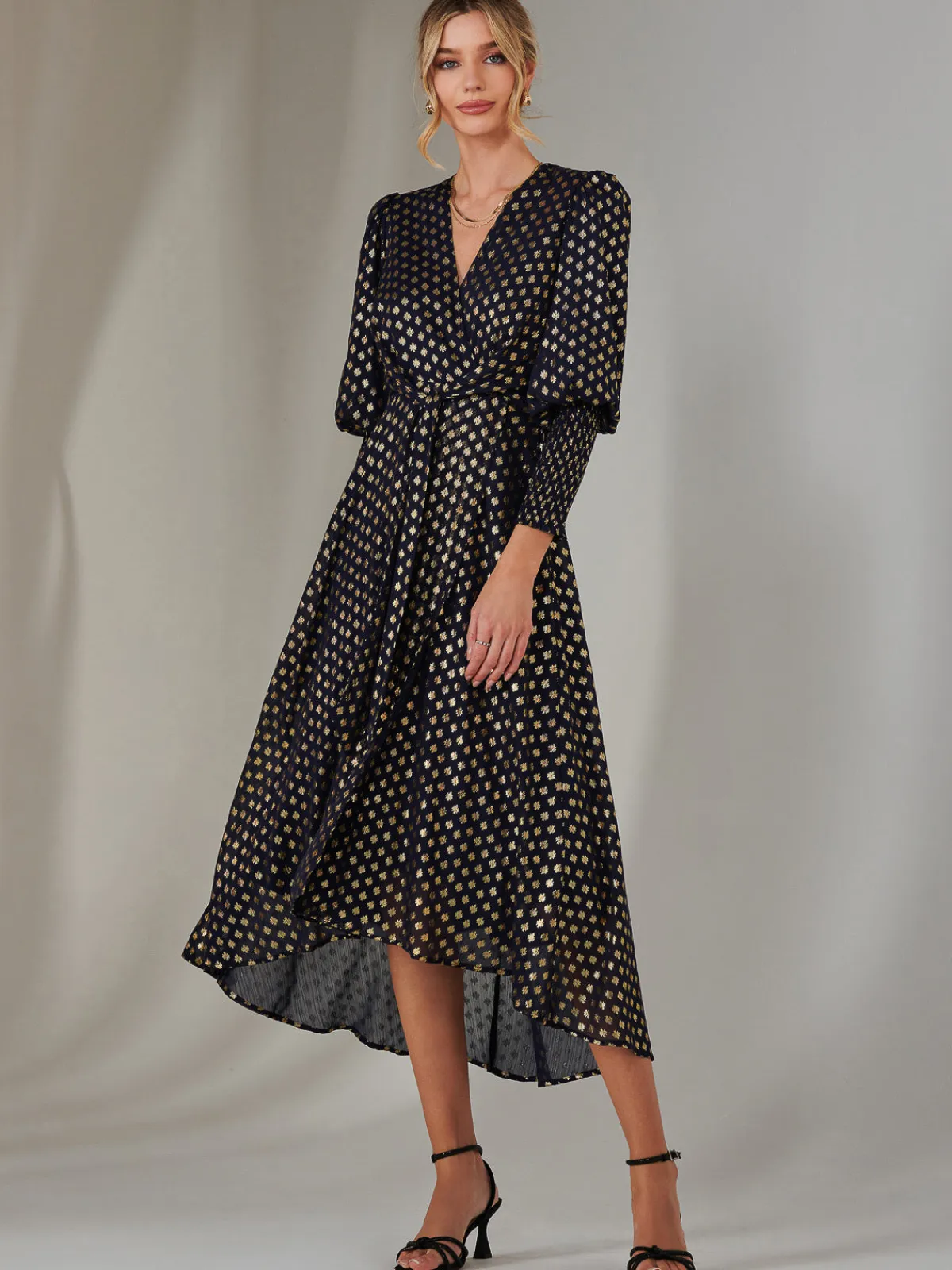 Jolie Moi Occasion Dresses|Wrap Dresses-Metallic Spot Print Puffy Sleeve Maxi Dress, Navy
