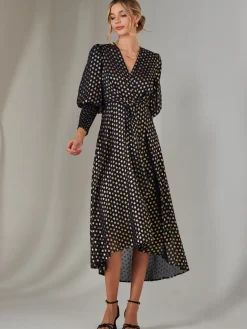 Jolie Moi Occasion Dresses|Wrap Dresses-Metallic Spot Print Puffy Sleeve Maxi Dress, Navy