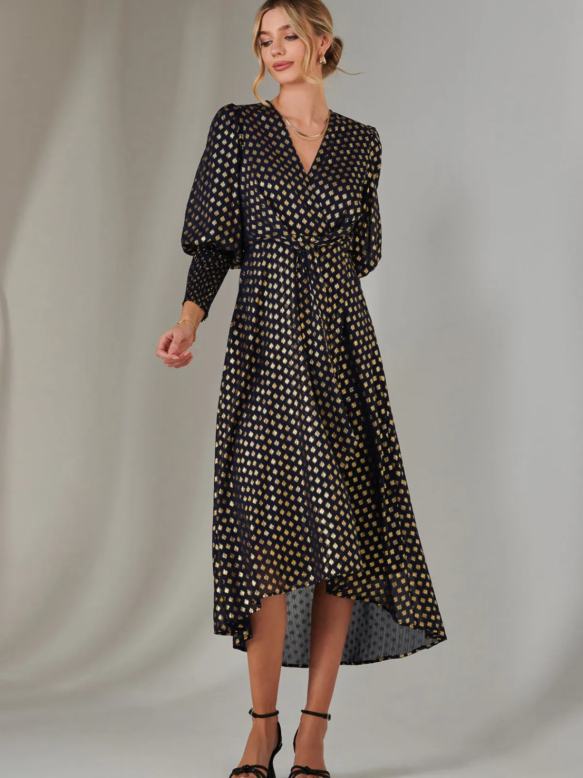 Jolie Moi Occasion Dresses|Wrap Dresses-Metallic Spot Print Puffy Sleeve Maxi Dress, Navy