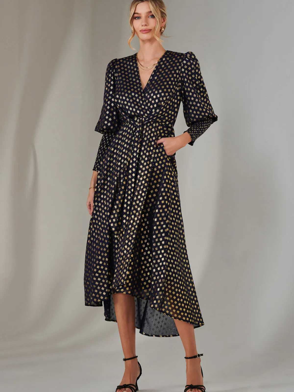 Jolie Moi Occasion Dresses|Wrap Dresses-Metallic Spot Print Puffy Sleeve Maxi Dress, Navy