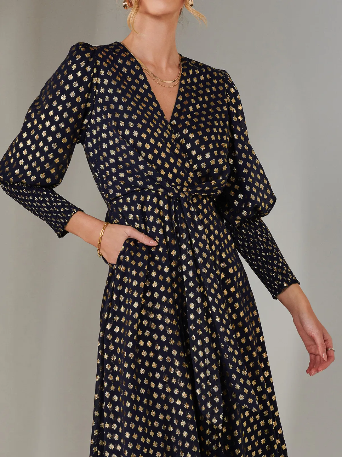 Jolie Moi Occasion Dresses|Wrap Dresses-Metallic Spot Print Puffy Sleeve Maxi Dress, Navy