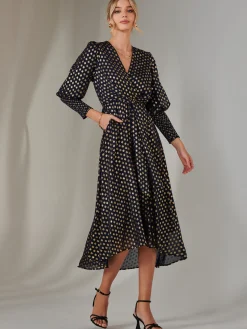 Jolie Moi Occasion Dresses|Wrap Dresses-Metallic Spot Print Puffy Sleeve Maxi Dress, Navy