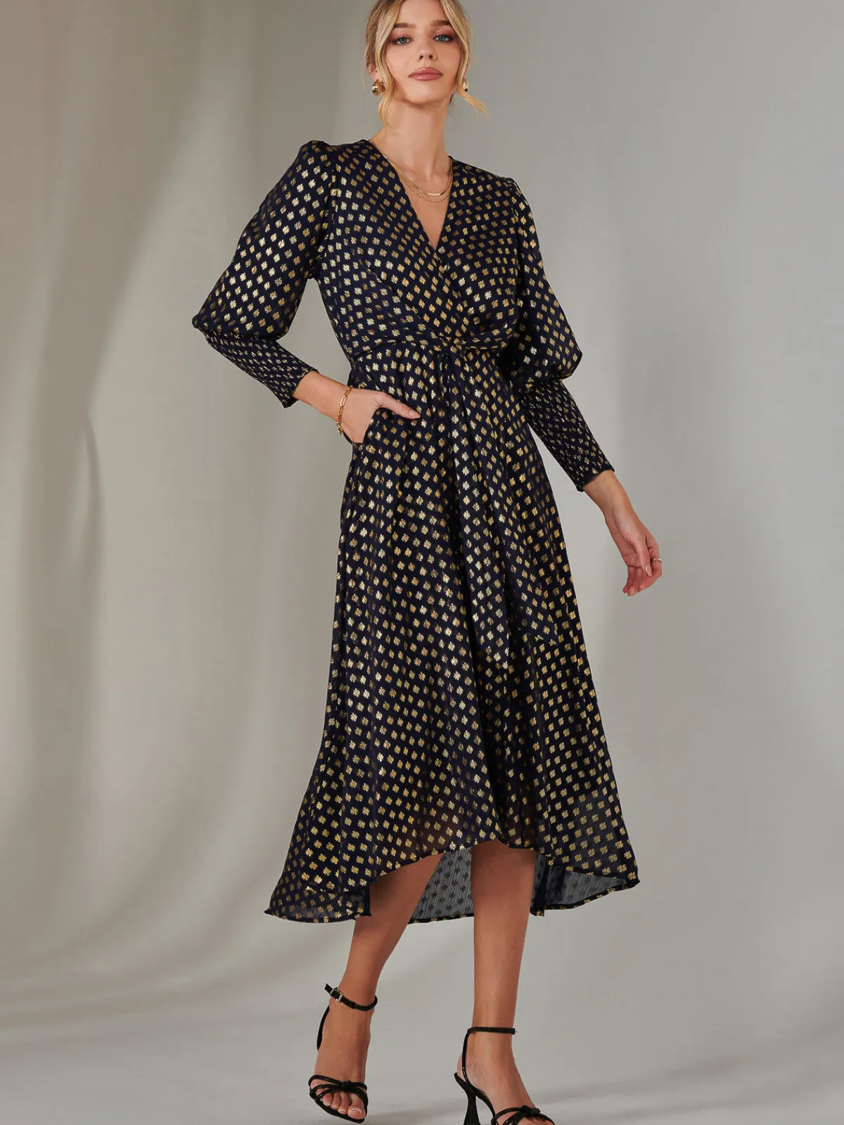 Jolie Moi Occasion Dresses|Wrap Dresses-Metallic Spot Print Puffy Sleeve Maxi Dress, Navy